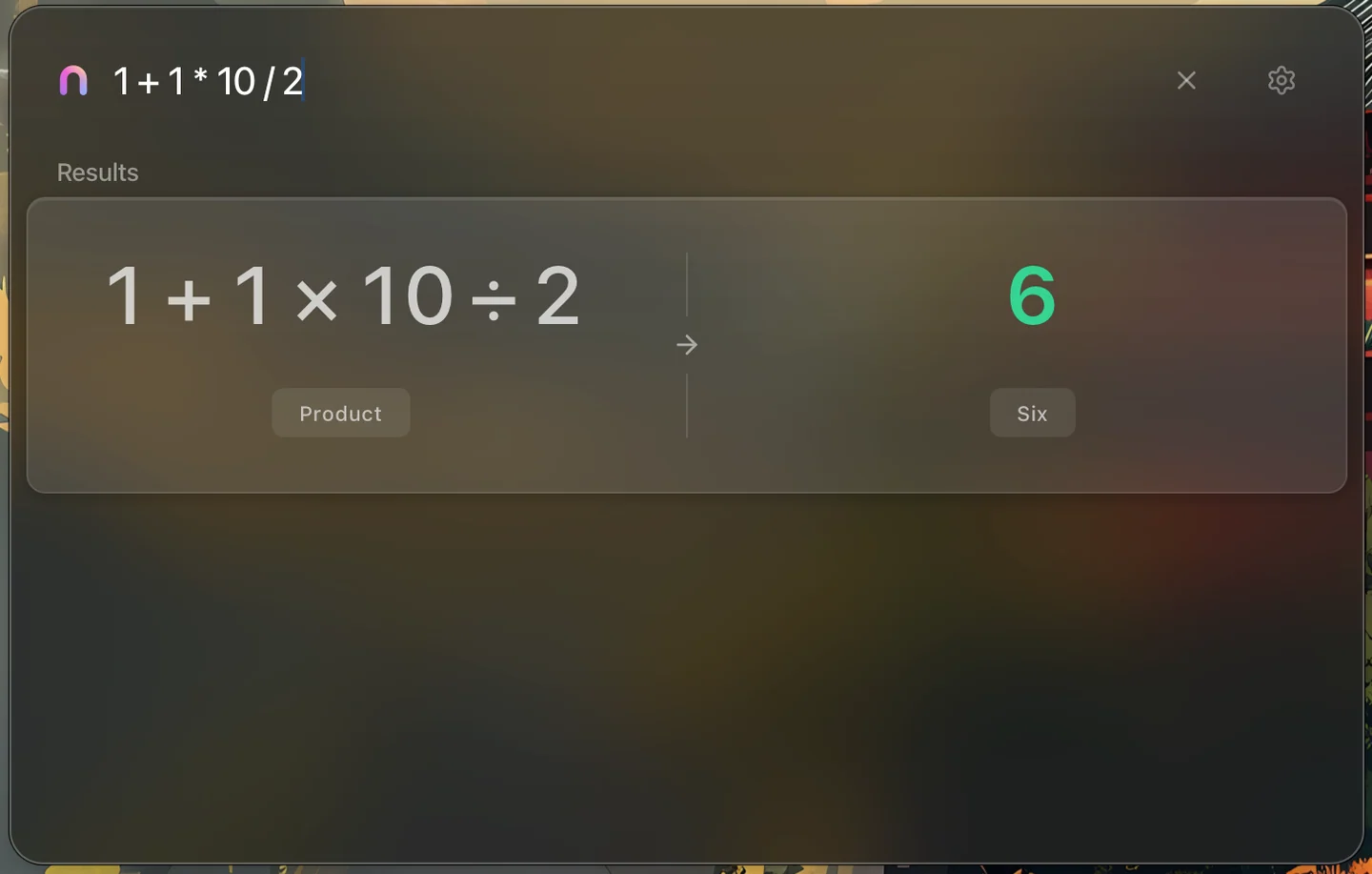 Nimix calculator evaluating the expression 1 plus 1 times 10 divided by 2 as 6