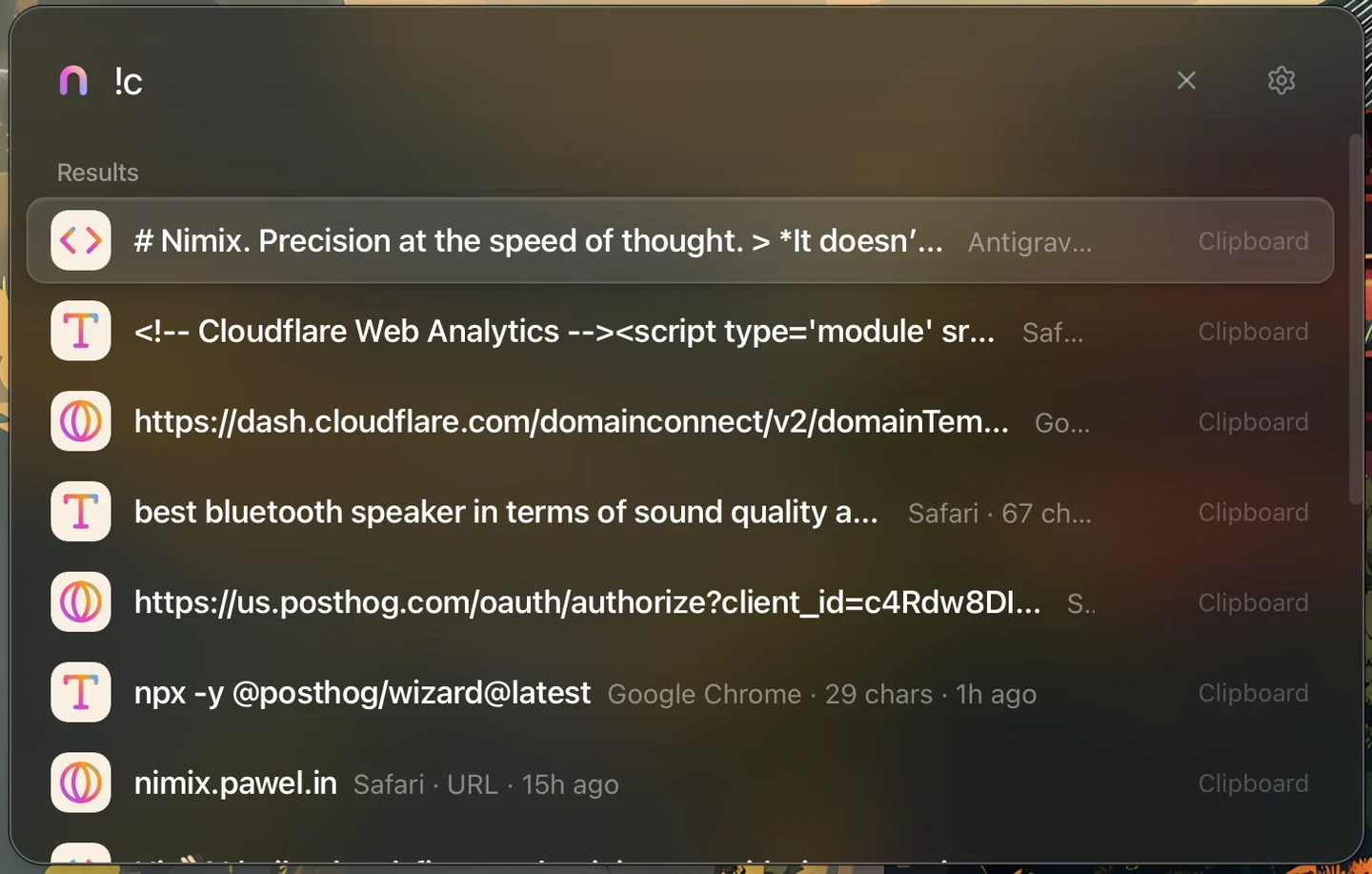 Nimix clipboard history with copied text, code, and URLs