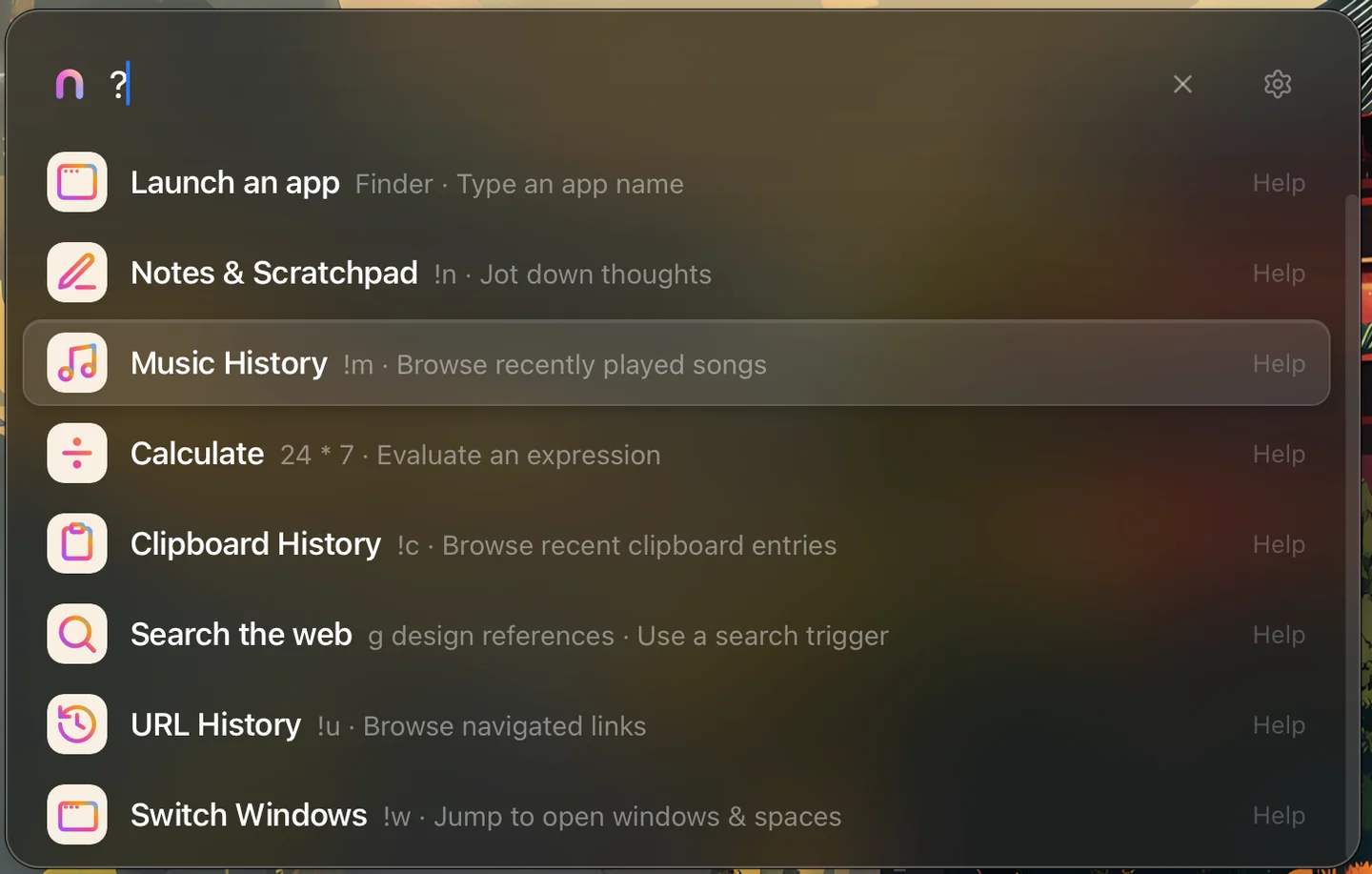 Nimix command guide showing shortcuts for apps, notes, music, calculations, clipboard, web search, and windows