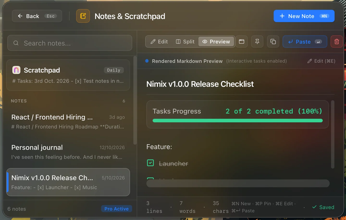 Nimix release checklist with interactive tasks and a completed progress bar